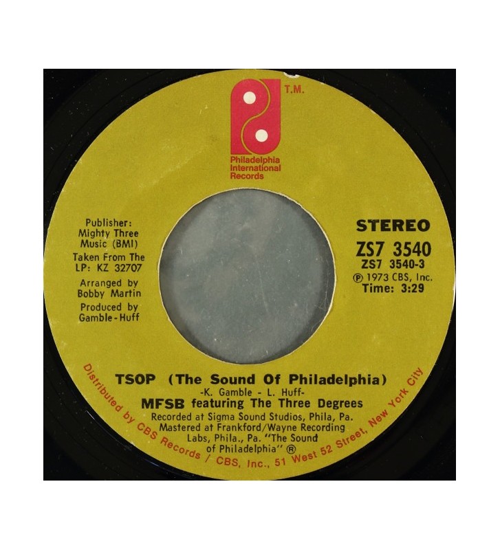 MFSB Featuring The Three Degrees - TSOP (The Sound Of Philadelphia) (7", Single, Styrene, Pit) vinyle mesvinyles.fr 